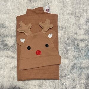 Parent’s Choice Reindeer Brown Swaddle Blanket and Beanie